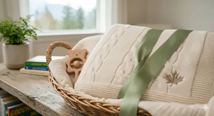 An illustration of a cozy Canadian baby shower featuring luxury baby blankets wrapped as elegant gifts for the newborn.