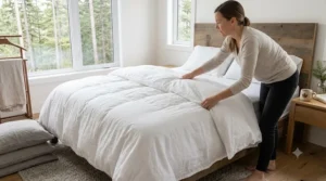 A line-art diagram highlighting a thick, fluffy Canadian down duvet insert being placed inside a cotton duvet cover for winter warmth.