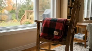 Classic Canadian red plaid tartan lap blankets for elderly family members, draped over a rustic armchair.