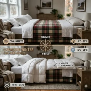 A detailed photorealistic illustration 5 showing how to layer a bed blanket versus a down comforter for Canadian summer and sub-zero winter temperatures.