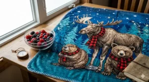 Cute cartoon illustration of a beaver and a moose on themed blankets for kids, perfect for a Canadian nursery or rustic woodland bedroom theme.