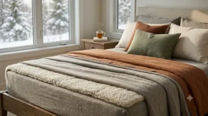An illustration showing the first bedding layers for cold weather, highlighting a thick mattress protector and a warm, brushed cotton flannel fitted sheet.