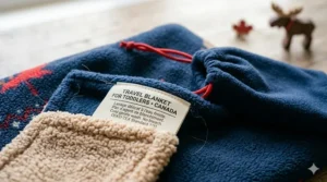 Detailed shot of a folded, soft travel blanket for toddlers tucked into its compact fleece storage bag with a red drawstring, highlighting easy packing for travel.