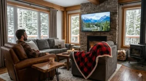 A photorealistic interior of a rustic Muskoka cottage living room where a person is relaxed in a leather chair near a stone fireplace, watching TV with a distinctive red and black Buffalo plaid Sherpa-lined lap blanket draped over an armchair.