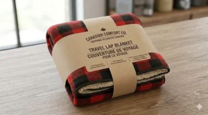 A premium travel lap blanket with bilingual Canadian packaging labeled as a comfortable couverture de voyage pour le voyage.