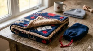A neatly folded navy blue fleece travel blanket for toddlers with a sherpa lining, maple leaf pattern, and custom tag, sitting on a rustic wooden table next to a matching drawstring pouch.
