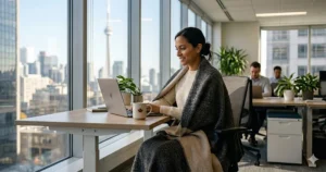 Minimalist illustration of a personal blanket for office chairs, folded neatly next to a laptop at a Canadian corporate workstation.