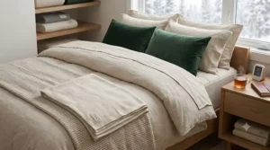 An illustration of a textured knit throw blanket folded at the foot of the bed, adding style and extra warmth to bedding layers for cold weather.