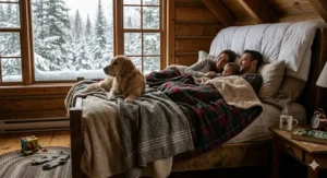 Machine-washable, pet-friendly microfiber bed blankets arranged neatly on a cozy family bed.