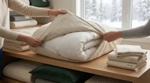 An illustration of a cozy flannel duvet cover being placed over an insert to protect and add warmth to winter bedding layers.