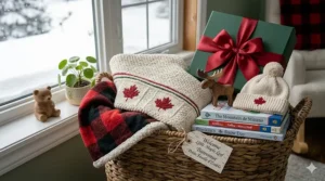 A heartwarming illustration of a family inside a snow-covered Quebec chalet, wrapping their infant in a thick, warm baby blanket perfect for the Canadian winter.
