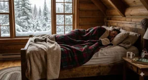 Illustration of a thick, heavyweight flannel bed blanket styled on a bed for cold Canadian winters.