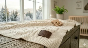 A heartwarming illustration of a timeless, high-quality luxury baby blanket kept as an heirloom keepsake gift.