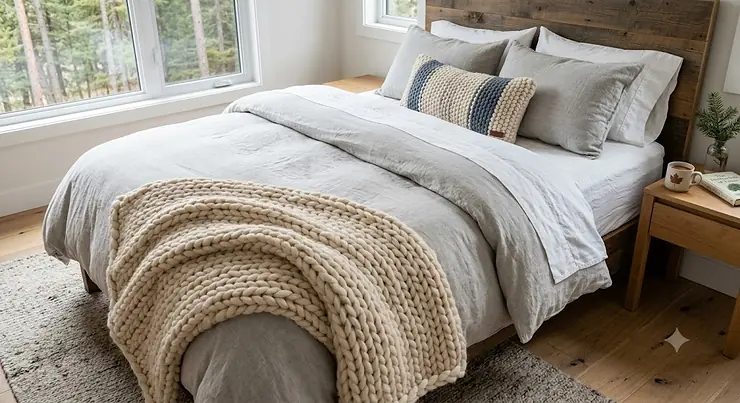 Here are all nine Alt Texts from the previous output, presented together in plain text without bold formattingA beautifully layered Canadian winter bed with crisp linen sheets, a plush down duvet, and a cozy thick wool throw blanket in a modern rustic bedroom. how to layer bedding Canada