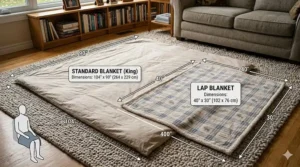 Size chart diagram showcasing optimal dimensions of lap blankets for elderly adults to ensure full leg coverage without floor dragging.