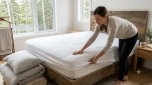 An illustration showing how to layer bedding by starting with a mattress protector followed by a crisp white fitted sheet.