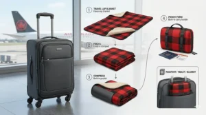 Illustration showing a lightweight travel lap blanket compressed into a carry-on luggage bag for an Air Canada flight.