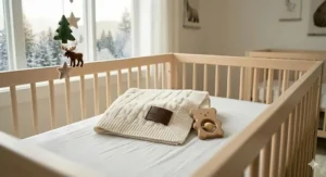 Modern, gender-neutral Canadian nursery design featuring folded luxury baby blankets draped over a crib as a gift presentation.