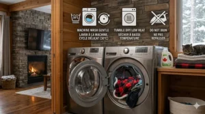 Detailed photorealistic illustration in 4K quality with natural light, showing a front-loading washing machine with the red and black Buffalo plaid Sherpa-lined lap blanket inside, accompanied by bilingual cleaning icons.