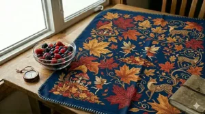 Whimsical fairytale illustration of autumn maple leaves and magical characters on cozy seasonal themed blankets for kids.