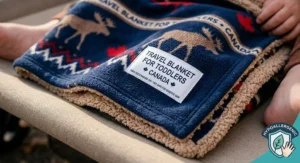 Close-up of a white product label sewn onto a blue fleece toddler travel blanket with a moose and maple leaf design, stating OEKO-TEX certification for safe skin contact.