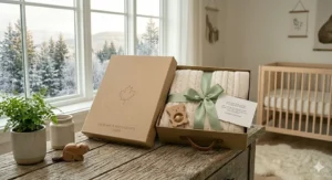 Eco-friendly illustration highlighting organic, certified non-toxic luxury baby blankets perfect for sustainable gifting in Canada.