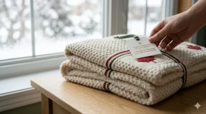 A minimalist vector illustration of an eco-friendly, organic cotton warm baby blanket for Canadian winter, featuring a subtle bilingual tag reading Couverture pour bébé.