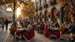 Graphic of outdoor restaurant patio chairs equipped with warm travel lap blankets for crisp autumn dining in Montreal.