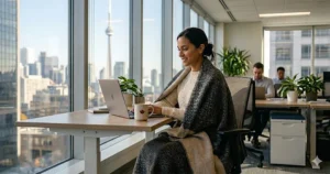 Vector diagram demonstrating a lightweight, packable personal blanket for office commuters to easily transport to work in Canada.