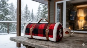 An illustration of a rolled, travel-friendly cozy lap blanket for TV watching or chilly Canadian patio evenings.