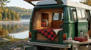 Cozy travel lap blankets laid out in the trunk of an SUV parked overlooking a scenic lake in Algonquin Provincial Park.