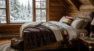 Rustic cottage bedroom interior featuring classic plaid pattern bed blankets perfect for a Canadian cabin retreat.