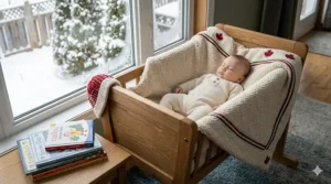 An educational graphic illustrating safe sleep practices and TOG insulation ratings for warm baby blankets during a cold Canadian winter.