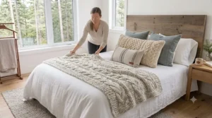 A side-by-side infographic illustrating how to layer bedding for Canadian seasons, comparing a warm winter setup to a breathable summer layout.
