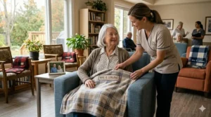 A caregiver assisting a resident in a Canadian long-term care home with cozy lap blankets for elderly seniors.