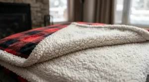 A high-detail, photorealistic close-up photograph illustrating the soft, fluffy off-white sherpa lining and the classic red and black Buffalo plaid fabric of a cozy lap blanket, showcasing the material texture for a Canadian living room.