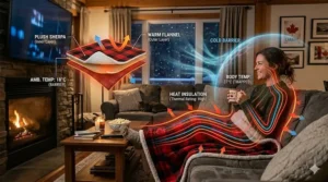 A photorealistic infographic in 4K quality, showing thermal heat flow lines trapping a person's body heat under a red and black buffalo plaid sherpa-lined cozy lap blanket in a snowy Canadian living room.