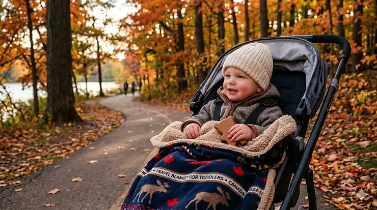 Happy toddler sitting comfortably in a stroller along a scenic autumn trail lined with fall maple trees, wrapped in a plush navy blue travel blanket decorated with maple leaves and moose.