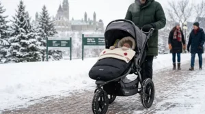 A cute illustration of a baby bundled up in a stroller for a winter walk in Ottawa, tucked securely into a thick, warm baby blanket for Canadian winter weather.