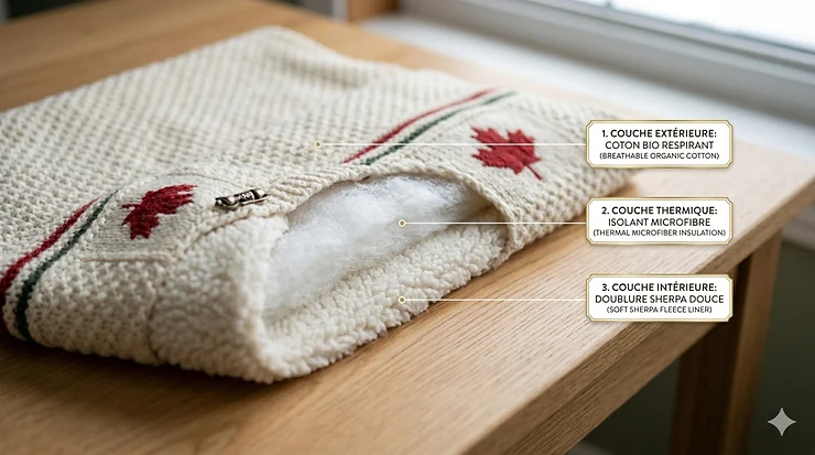 An illustrated diagram breaking down the insulating fabric layers of warm baby blankets for Canadian winter, highlighting breathable organic cotton and ultra-soft sherpa fleece.