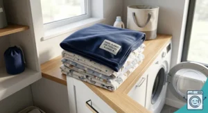 A stack of clean, folded travel blankets for toddlers sitting on a wooden countertop in a bright laundry room next to a washing machine, showcasing easy care.
