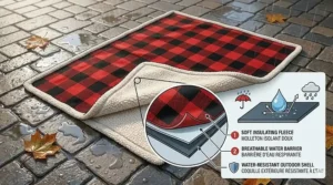 Illustration highlighting the weather-resistant backing of travel lap blankets, ideal for damp Canadian outdoor events and sports stadiums.