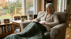 A senior citizen relaxing in an armchair using a quilted, weighted lap blanket for elderly individuals to help relieve sensory anxiety.