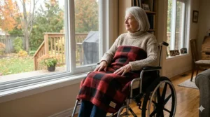 Adaptive wheelchair accessible lap blankets for elderly individuals, securely fitted to prevent tangling in wheels.