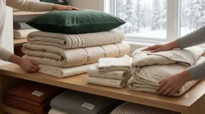 A cross-section illustration of a high-fill power down duvet insert designed as the primary insulation among bedding layers for cold weather.
