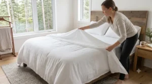 An illustration of a textured wool throw blanket casually draped over the foot of a bed to show how to layer bedding for added style and warmth.