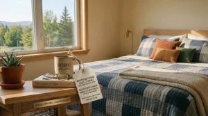 Stylized graphic of a modern Canadian home displaying decorative throw rugs and cozy couch blankets, or jetés de canapé, with text highlights.
