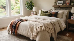 Bedroom styling illustration showing decorative throw blanket ideas layered elegantly across a queen-size bed with neutral Canadian-inspired bedding.