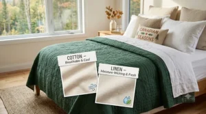 An infographic illustrating breathable fabric options like cotton and linen for the best bedspreads in Canada during summer.