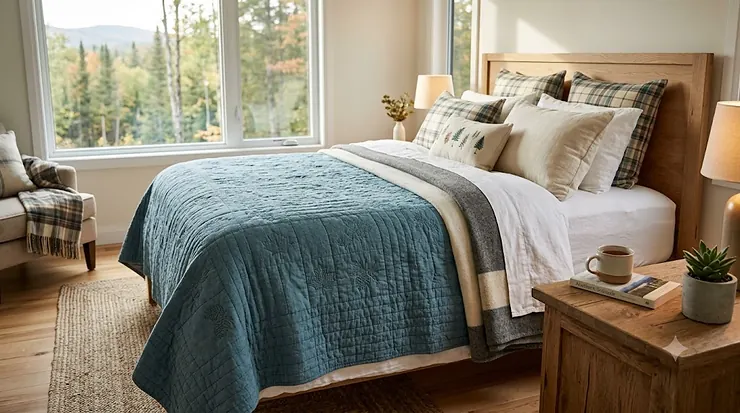 A beautifully styled Canadian bedroom featuring one of the best bedspreads in Canada, layered with a thick quilt for cold winter nights.